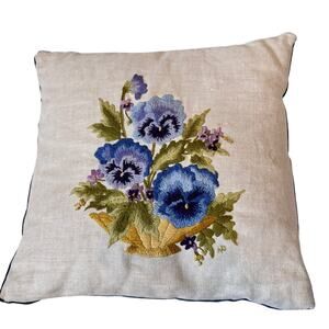 Vintage Blue Floral Embroidered Throw Pillow 13.5 Square Boho Accent